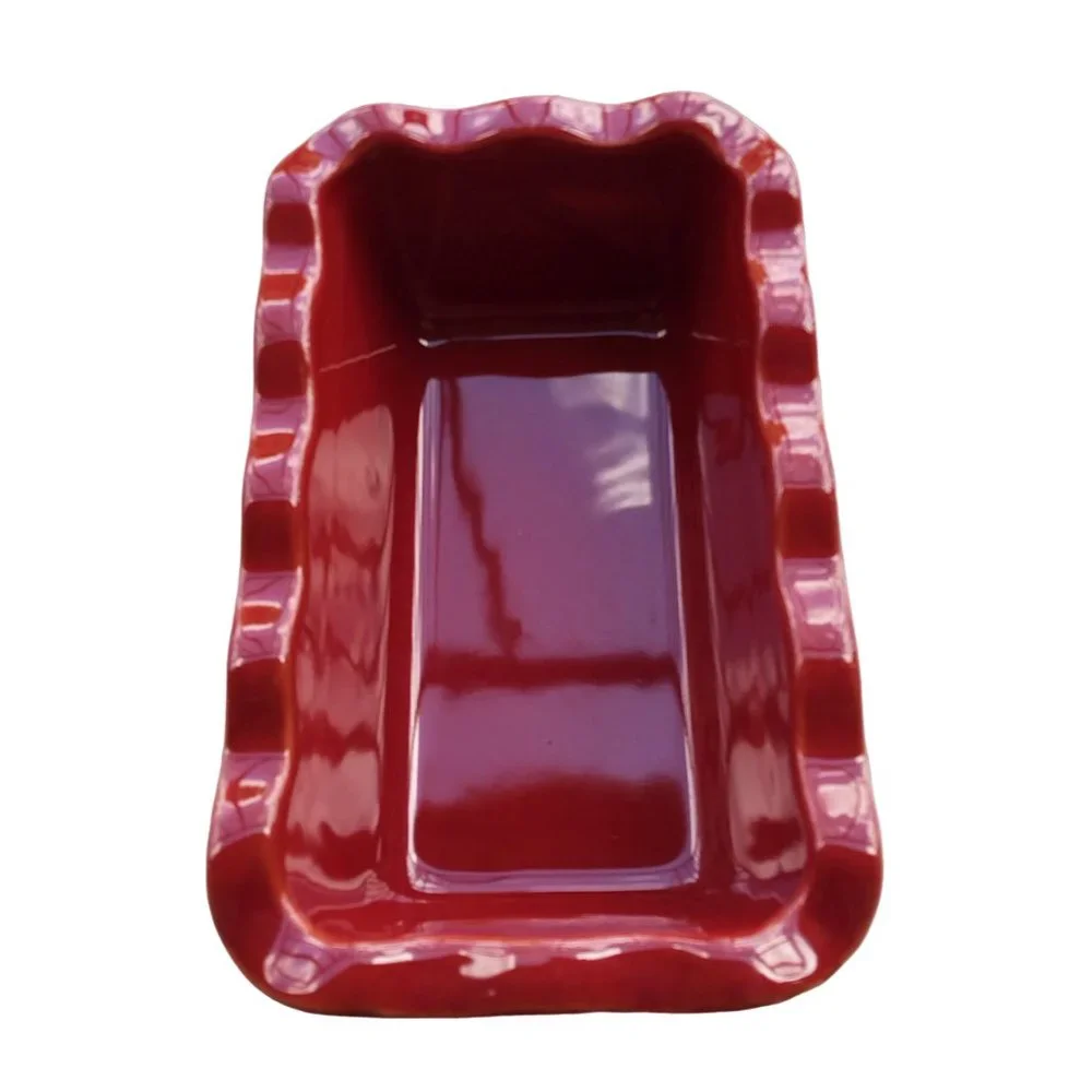 Emile Henry France Vintage Ceramic Ruffled Small Baking Loaf Pan in Burgundy